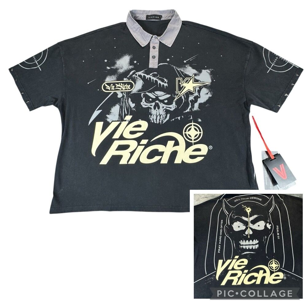 Vie Riche Sz 2XL Demonic Skull Kill Your Demons Psalm 91 Pray Hard Polo Shirt